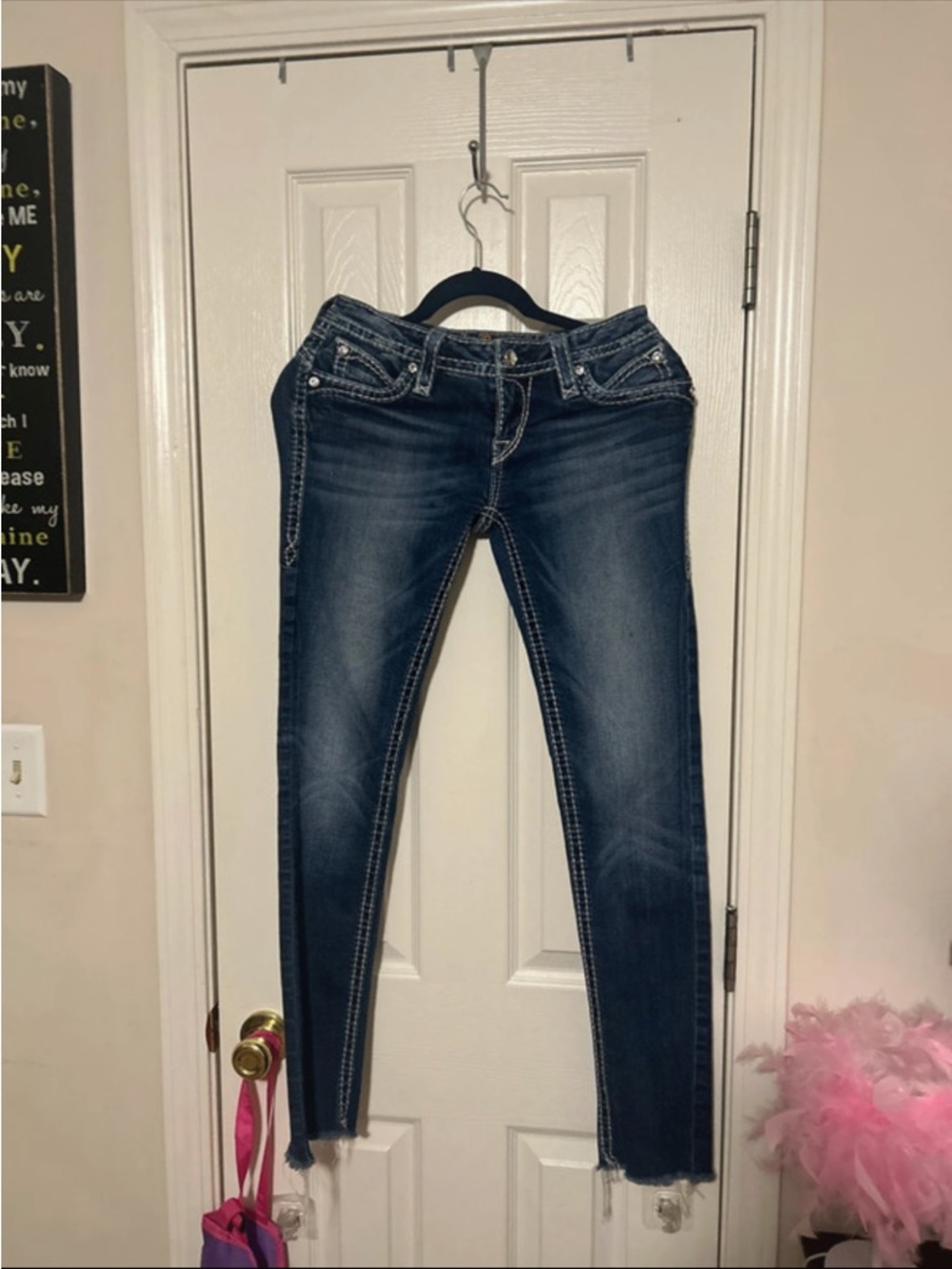Rock Revival Women's Dark Blue Skinny Jeans with Contrast Stitching